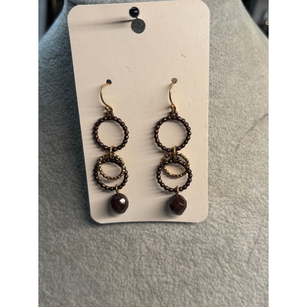 #47. Beaded Double Hoop Dangle Earrings – Boho Bronze & Gold-tone Geometric Drop